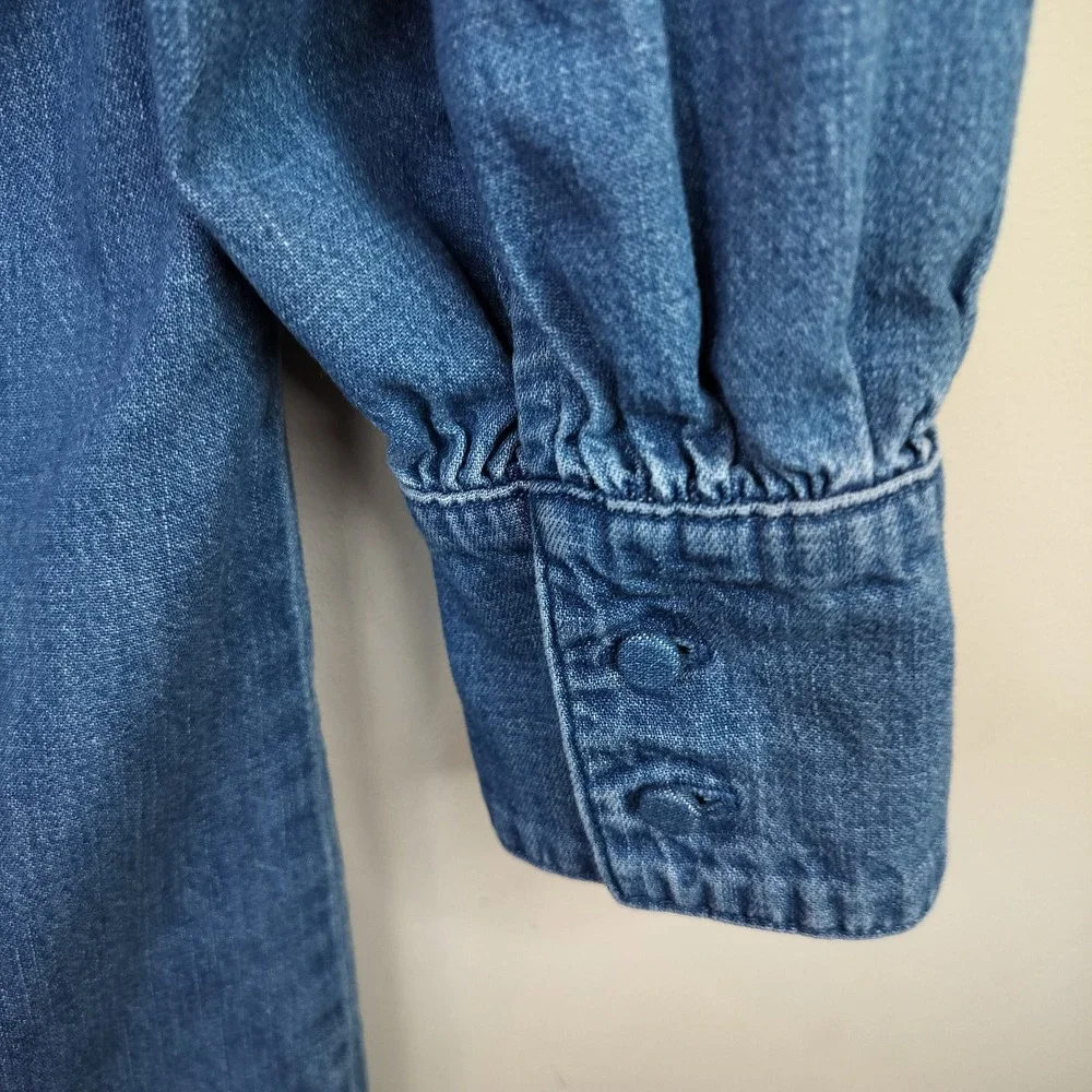 J. Crew Denim Shirt Dress Small Button Front Mini Puff Sleeve Casual Womens